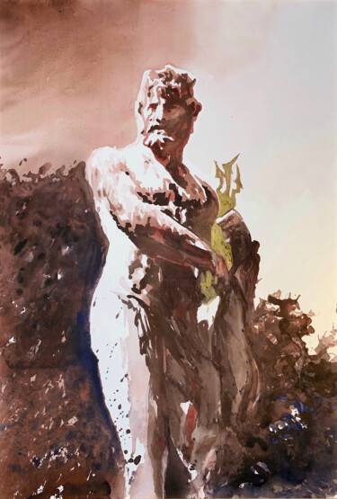 Schilderij getiteld "Statue of Jupiter,…" door Christian Evers, Origineel Kunstwerk, Aquarel Gemonteerd op Karton