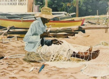 Painting titled "Le pêcheur réparant…" by C / Lulu, Original Artwork