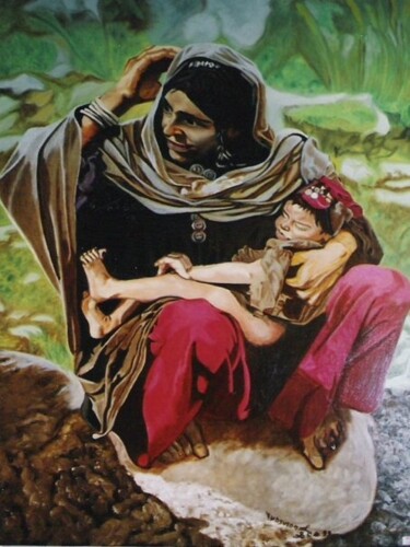Peinture intitulée "La mère et l'enfant" par C / Lulu, Œuvre d'art originale, Huile Monté sur Châssis en bois