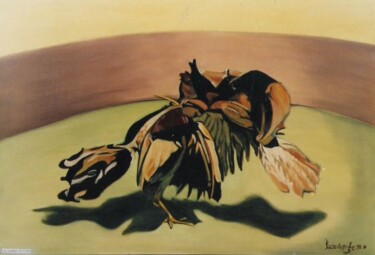 Peinture intitulée "Combat de coqs" par C / Lulu, Œuvre d'art originale