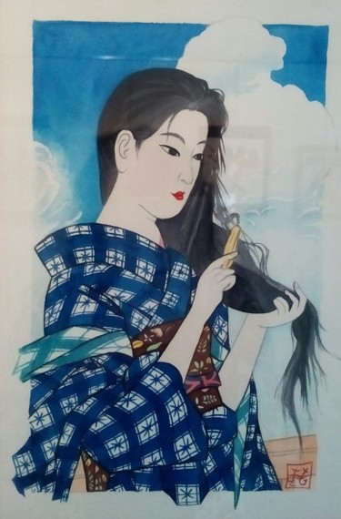 Aquarelle "La geisha aux cheveux dénoués" estampe japonaise Peinture intitulée "Aquarelle "La geish…" par Opale Isis, Œuvre d'art originale, Aquarelle