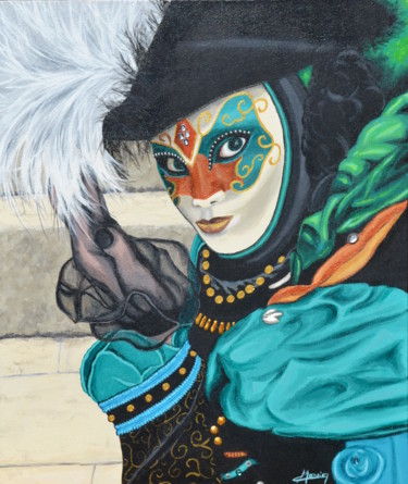 Peinture intitulée ""Masque vert, plume…" par Opale Isis, Œuvre d'art originale, Acrylique