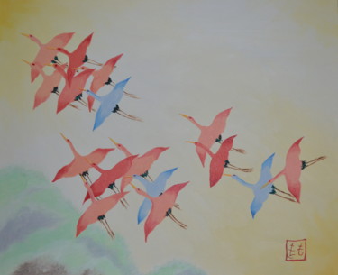 Painting titled ""Flamants roses et…" by Opale Isis, Original Artwork, Acrylic