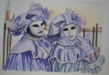 Painting titled ""Les 2 masques mauv…" by Opale Isis, Original Artwork, Watercolor