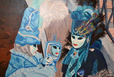 Painting titled ""Les 2 masques bleu…" by Opale Isis, Original Artwork, Acrylic
