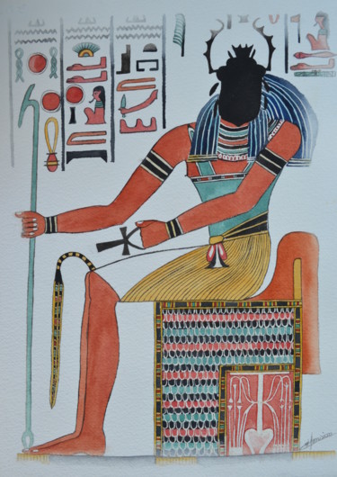Aquarelle Egypte "Le dieu Khépri" Peinture intitulée "Aquarelle Egypte "L…" par Opale Isis, Œuvre d'art originale, Aquarelle