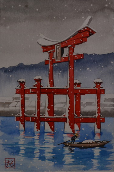 Painting titled "Aquarelle "Le Torii…" by Opale Isis, Original Artwork, Watercolor