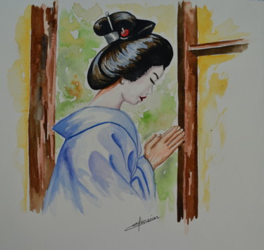 Aquarelle "La geisha au kimono bleu pâle" Peinture intitulée "Aquarelle "La geish…" par Opale Isis, Œuvre d'art originale, Aquarelle