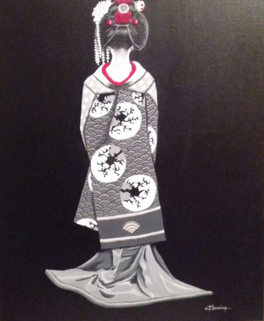 Painting titled ""Geisha noir et bla…" by Opale Isis, Original Artwork, Acrylic