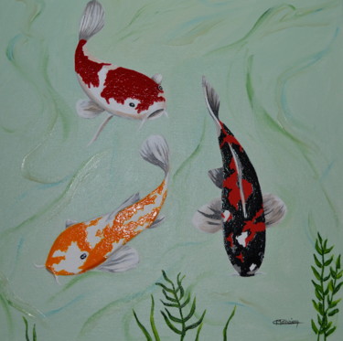 Painting titled ""Les 3 carpes Koï"…" by Opale Isis, Original Artwork, Acrylic
