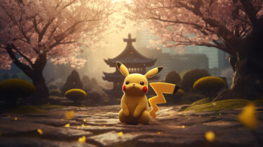 Arts numériques intitulée "Pikachu Sunrise Sak…" par C.Moonheart, Œuvre d'art originale, Image générée par l'IA