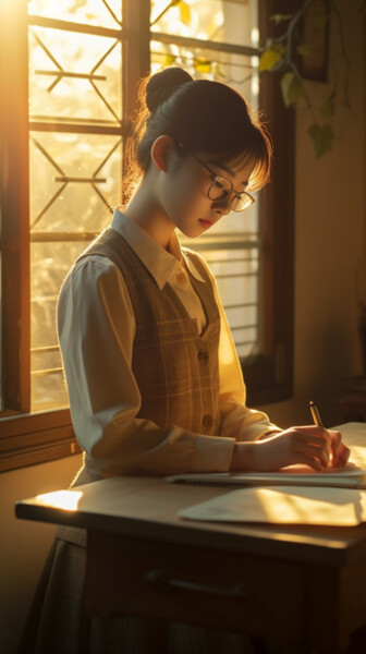 Arts numériques intitulée "Schoolgirl studying" par C.Moonheart, Œuvre d'art originale, Image générée par l'IA