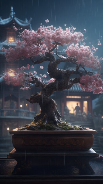 Digital Arts titled "Sakura Bonsai at ra…" by C.Moonheart, Original Artwork, AI generated image