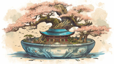 Arte digital titulada "Sakura bonsai tempel" por C.Moonheart, Obra de arte original, Imagen generada por IA