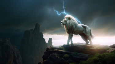 Digitale Kunst mit dem Titel "Lion on the cliff w…" von C.Moonheart, Original-Kunstwerk, KI-generiertes Bild