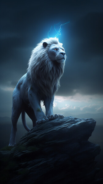Digital Arts titled "Lion on the cliff i…" by C.Moonheart, Original Artwork, AI generated image