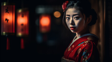 Digitale Kunst getiteld "Geisha in Kyoto" door C.Moonheart, Origineel Kunstwerk, AI gegenereerde afbeelding