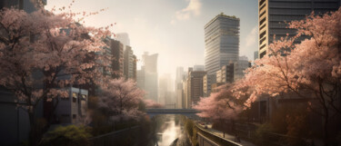 Digitale Kunst getiteld "Sakura river in Town" door C.Moonheart, Origineel Kunstwerk, AI gegenereerde afbeelding