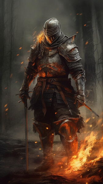 Artes digitais intitulada "Knight on fire" por C.Moonheart, Obras de arte originais, Imagem gerada por IA