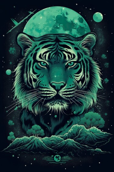 Цифровое искусство под названием "Green Moon Tiger" - C.Moonheart, Подлинное произведение искусства, Изображение, сгенериров…