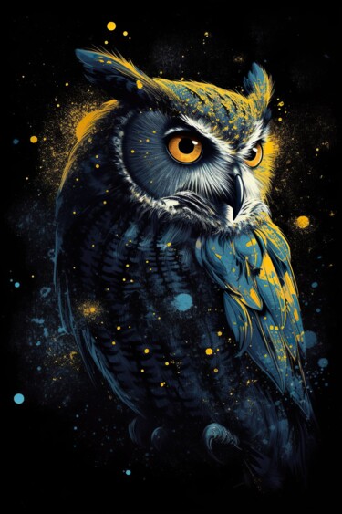 "Owl yellow blue" başlıklı Dijital Sanat C.Moonheart tarafından, Orijinal sanat, AI tarafından oluşturulan görüntü