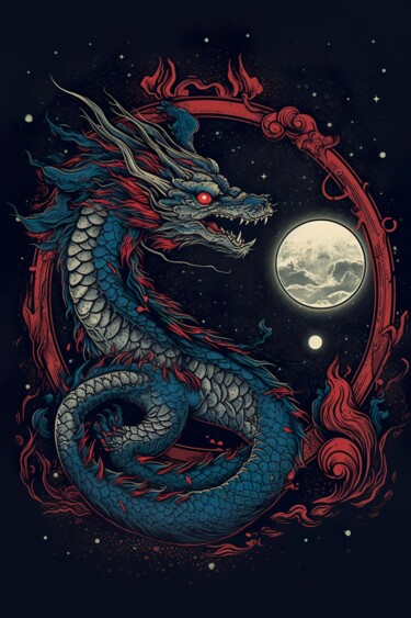 Arte digitale intitolato "Chinese Dragon blue…" da C.Moonheart, Opera d'arte originale, Immagine generata dall'IA