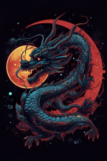 Arte digitale intitolato "Chinese Dragon blue…" da C.Moonheart, Opera d'arte originale, Immagine generata dall'IA