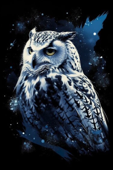 Digitale Kunst getiteld "Snow owl blue white" door C.Moonheart, Origineel Kunstwerk, AI gegenereerde afbeelding