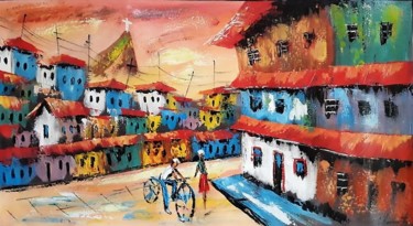 Pintura intitulada "Favela com ciclista" por C. Nascimento, Obras de arte originais, Acrílico