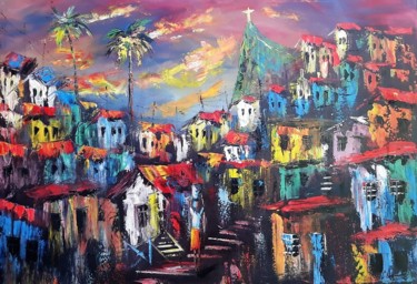 Pintura intitulada "Favela com Cristo R…" por C. Nascimento, Obras de arte originais, Acrílico