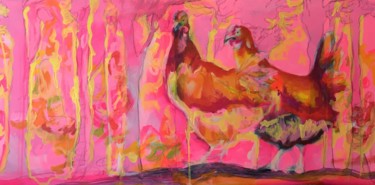 Painting titled "Chicken in the morn…" by Christiane Reisert, Original Artwork, Acrylic Mounted on Wood Stretcher frame