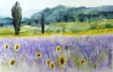 Painting titled "Paysage de Provence" by Christine Weissenberger, Original Artwork, Watercolor