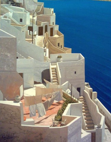 Pintura titulada "Terrazas y escalera…" por Cabestany, Obra de arte original, Oleo
