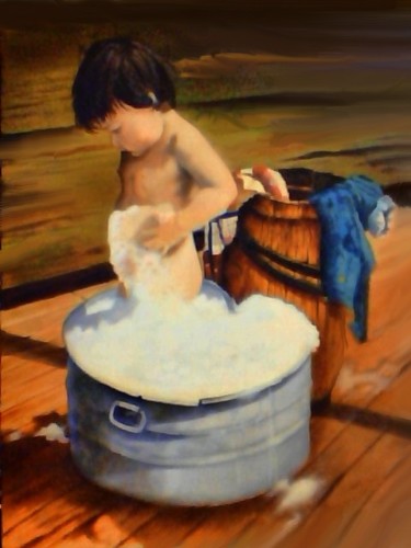 Painting titled "boy in tub" by John R White, Original Artwork