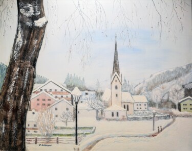 Painting titled "Walchsee Kirche 80x…" by Cäcilia Schlapper, Original Artwork, Acrylic Mounted on Wood Stretcher frame
