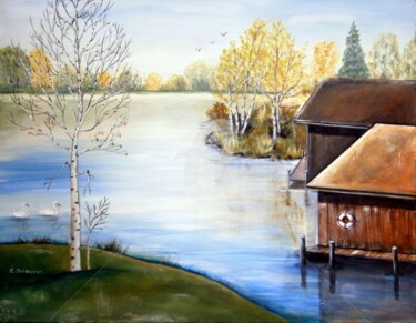 Painting titled "Hütten am See  70x9…" by Cäcilia Schlapper, Original Artwork, Acrylic Mounted on Wood Stretcher frame