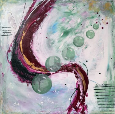 Malerei mit dem Titel ""Bubbles" pink-grün…" von Cäcilia Schlapper, Original-Kunstwerk, Acryl Auf Keilrahmen aus Holz montie…