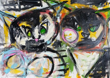 Painting titled "My Funny Cats Kitty…" by Cäcilie Von Manal, Original Artwork, Acrylic Mounted on Wood Stretcher frame