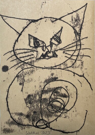 Druckgrafik mit dem Titel "Kitty-Cat In Love (…" von Cäcilie Von Manal, Original-Kunstwerk, Monotypie