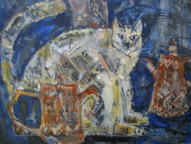 Painting titled "chat et theieres" by Gildas Cadic, Original Artwork, Acrylic