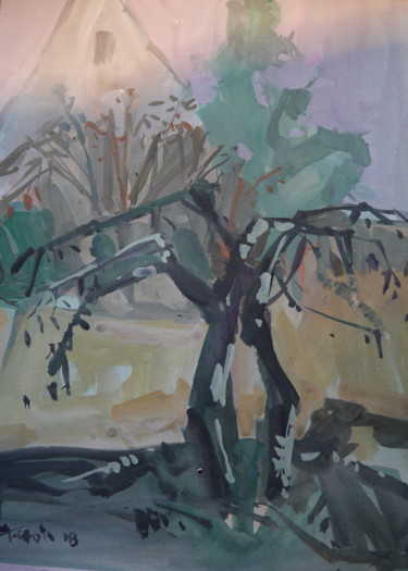 Painting titled "l arbre" by Gildas Cadic, Original Artwork, Gouache
