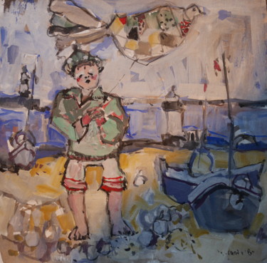 Painting titled "l'enfant au cerf vo…" by Gildas Cadic, Original Artwork, Gouache