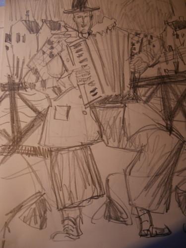 Dessin intitulée "accordeoniste au vi…" par Gildas Cadic, Œuvre d'art originale, Conté