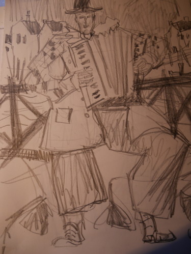 Drawing titled "accordeoniste au vi…" by Gildas Cadic, Original Artwork, Conté