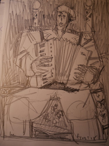Dessin intitulée "l'accordéoniste" par Gildas Cadic, Œuvre d'art originale, Graphite
