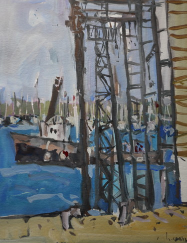 Painting titled "navire au port de l…" by Gildas Cadic, Original Artwork, Gouache