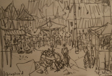 Dibujo titulada "la fete au village" por Gildas Cadic, Obra de arte original, Conté