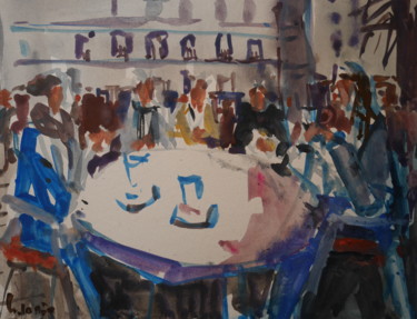 Painting titled "à la terrase du café" by Gildas Cadic, Original Artwork, Gouache