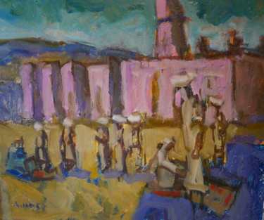 Pintura titulada "scene de marché en…" por Gildas Cadic, Obra de arte original, Oleo