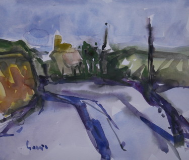 Painting titled "le clocher de mon v…" by Gildas Cadic, Original Artwork, Watercolor